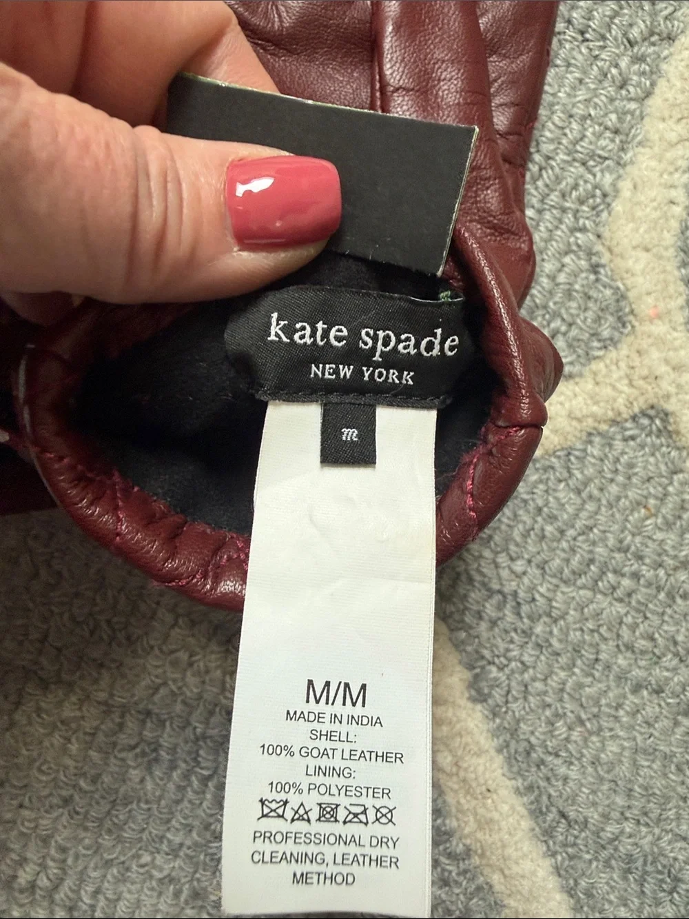 Kate Spade Burgundy Quilted Goat Leather Gloves Heart Charm Medium